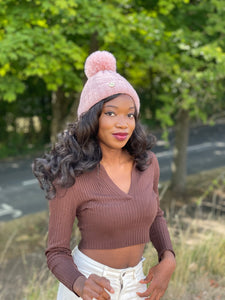 Tia Satin Lined Beanie With Detachable Pom- Stardust Pink