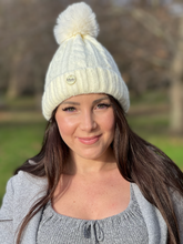 Load image into Gallery viewer, Tia Satin Lined Beanie With Detachable Pom- Cream

